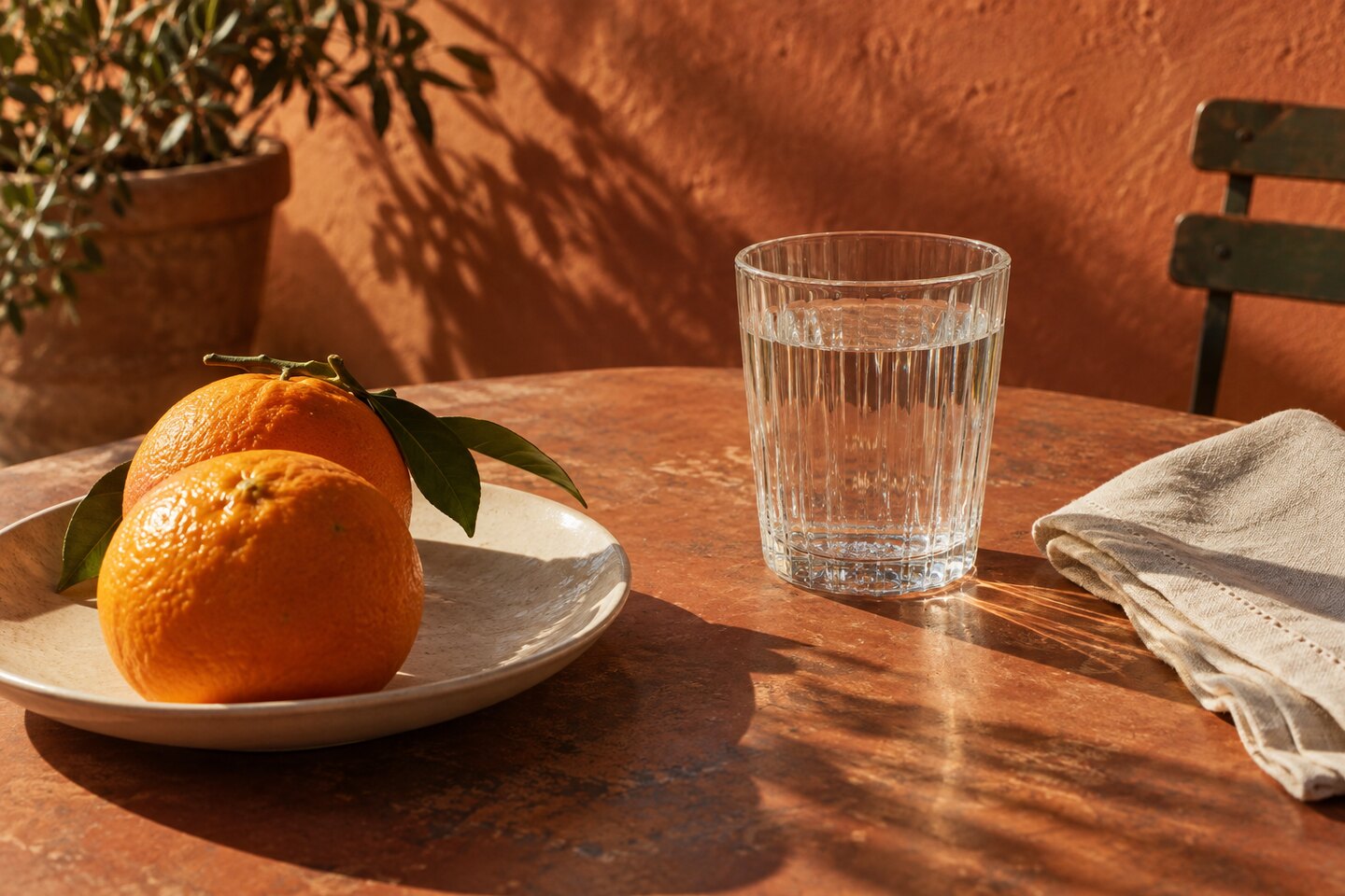A glass of water, oranges, and a linen napkin on a sunlit terracotta table